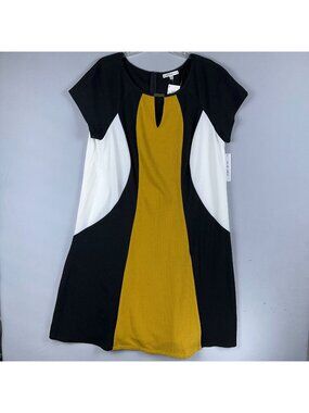Sandra Darren Colorblock Dress 18W Mustard Keyhole Back Cap Sleeve  Black White